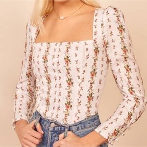 Reformation Fillmore Poppyseed Floral Square Neck Linen Top
